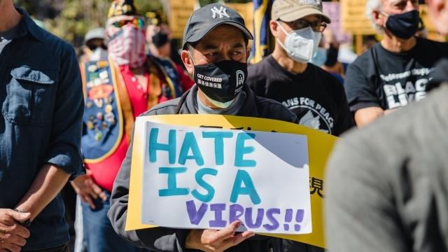 A man stands in the middle of a demonstration wearing a mask and holding a sign that reads &quot;Hate is a Virus!!&quot;