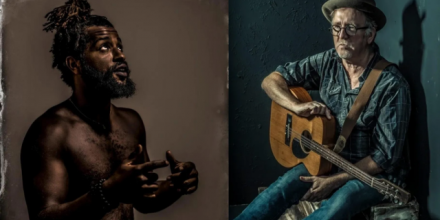 Two images, one of Cocoa the Conscious and one of Jim Moginie holding a guitar.