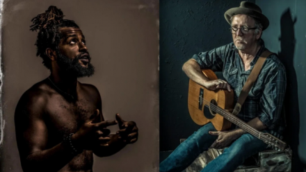Two images, one of Cocoa the Conscious and one of Jim Moginie holding a guitar.